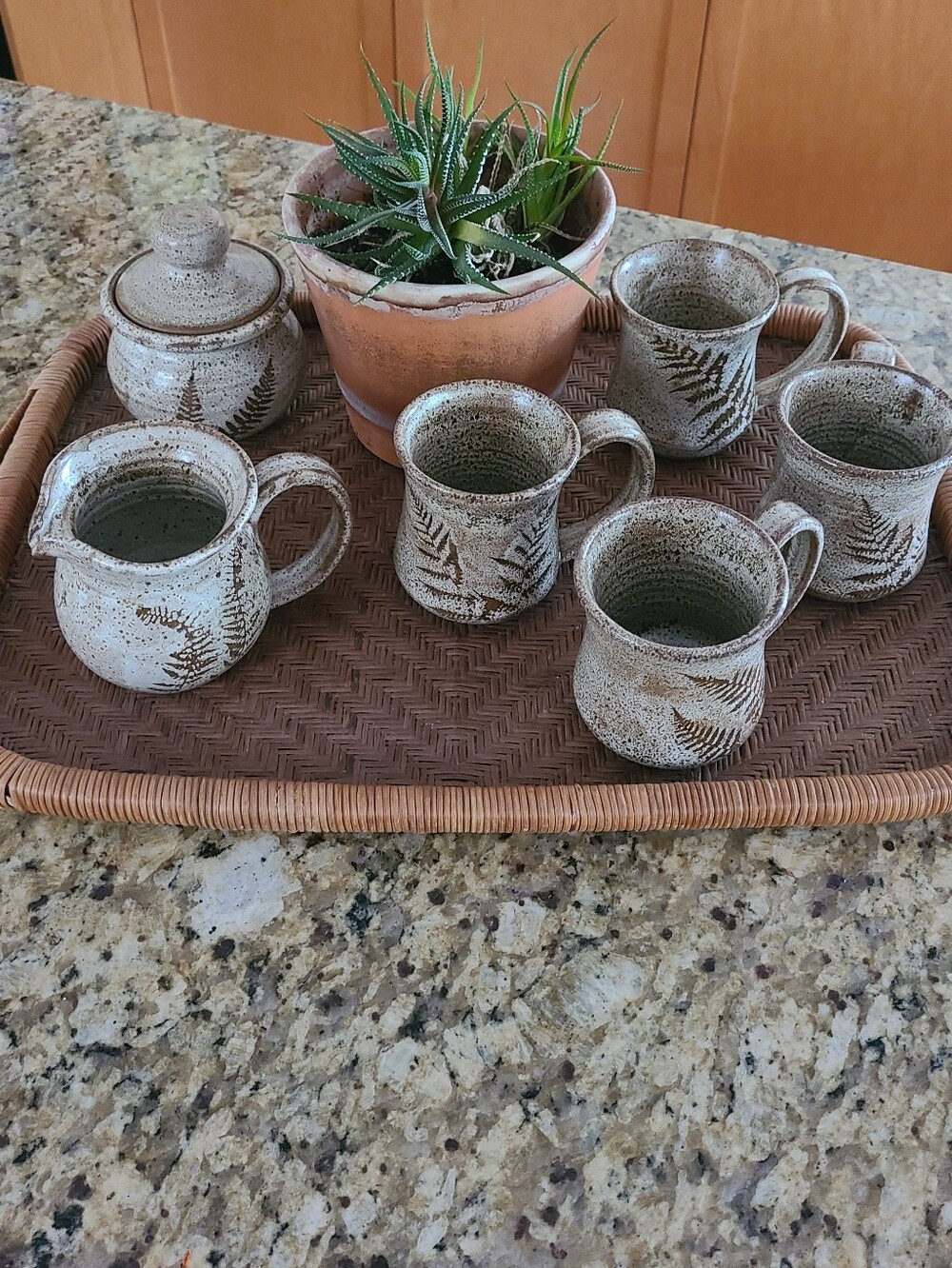 Vintage Studio Pottery Cream, Sugar & 4 Cup Set Cream & Brown Speckled Color
